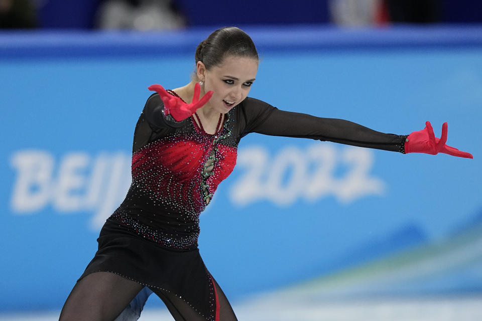 FILE - Kamila Valieva, of the Russian Olympic Committee, competes in the women's team free skate program during the figure skating competition at the 2022 Winter Olympics, Monday, Feb. 7, 2022, in Beijing. Russian figure skater Kamila Valieva has been disqualified from the 2022 Beijing Olympics. The verdict from the Court of Arbitration for Sport comes almost two years after Valieva's doping case caused turmoil at the Beijing Games. (AP Photo/David J. Phillip, File)