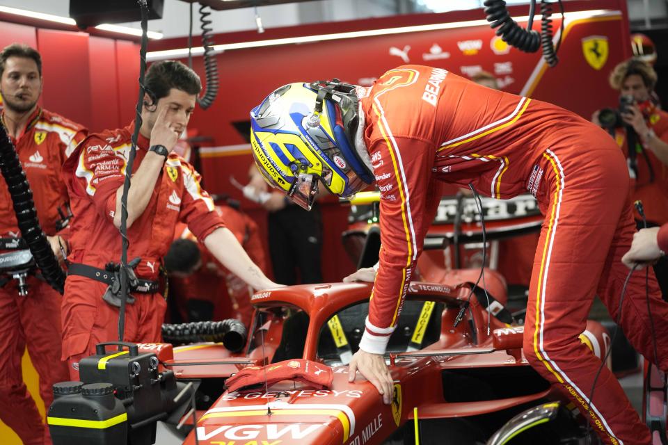 Ferrari driver Oliver Bearman of Britain boards his car prior to the start of the Formula One Saudi Arabian Grand Prix at the Jeddah Corniche Circuit, in Jedda, Saudi Arabia, Saturday, March 9, 2024. (AP Photo/Darko Bandic)