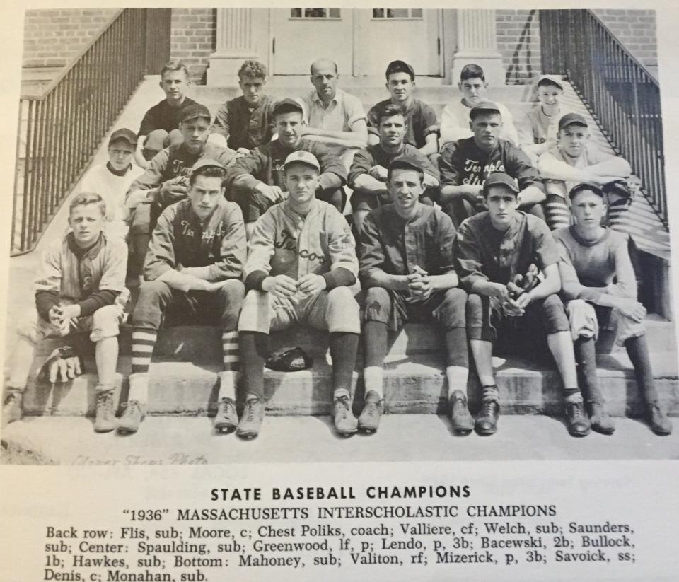 The 1936 state champion Templeton High School baseball team photo. Two of the team members died in World War II: Prentiss Spaulding (middle row, first from left) and Johnny Lendo (middle row, third from left).