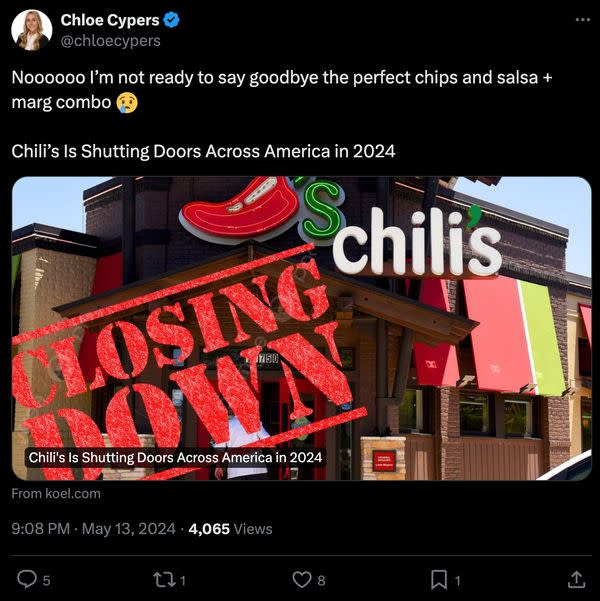 A false rumor circulated online with users claiming Chili's Grill & Bar was shutting down and closing all locations across America.