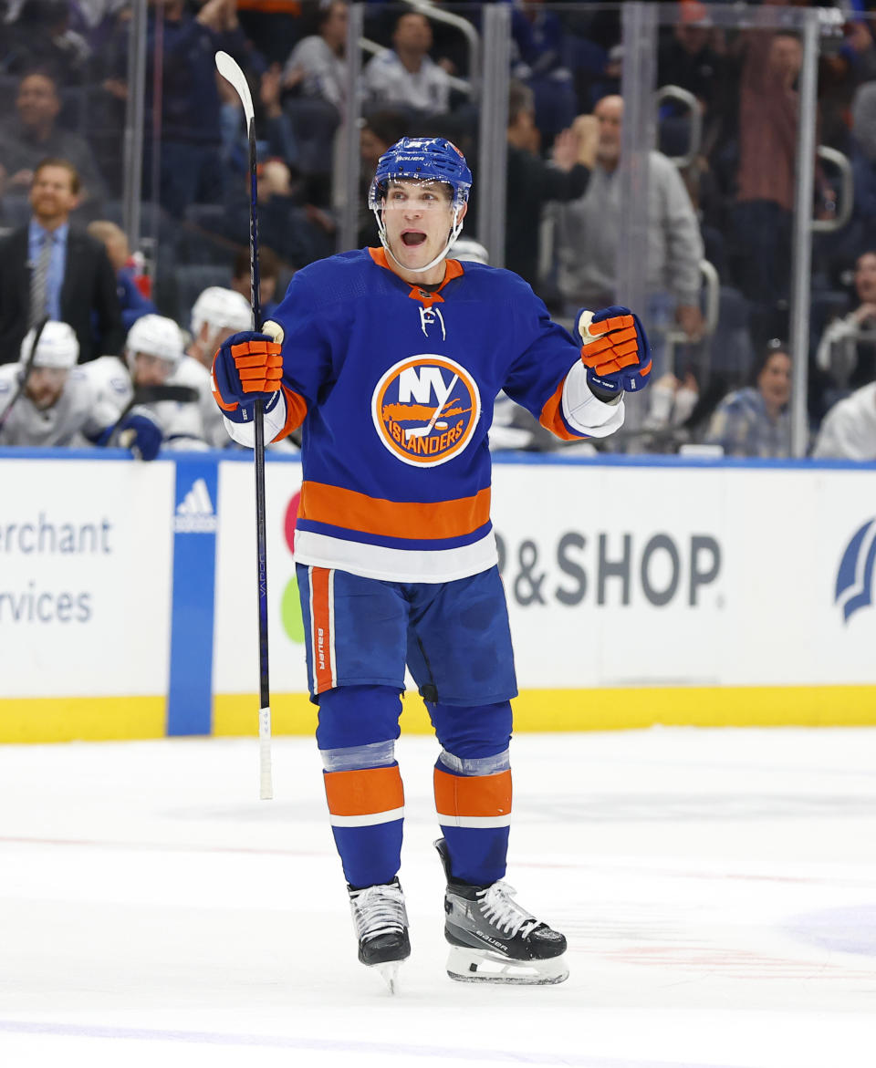 New York Islanders center Bo Horvat reacts after scoring against the Tampa Bay Lighting during the second period of an NHL hockey game, Thursday, Feb. 8, 2024, in New York. (AP Photo/Noah K. Murray)