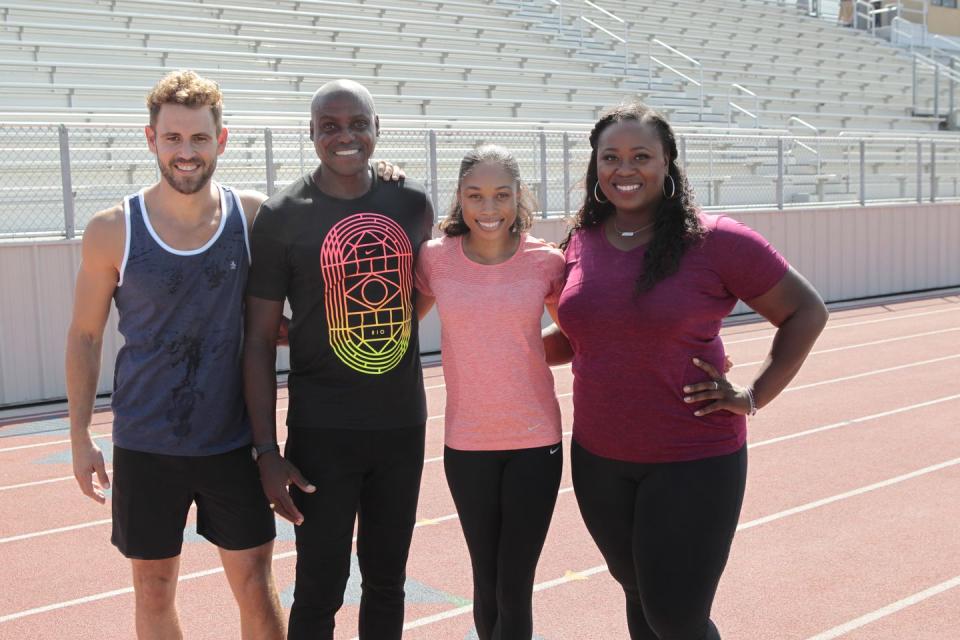 Carl Lewis, Allyson Felix, and Michelle Carter