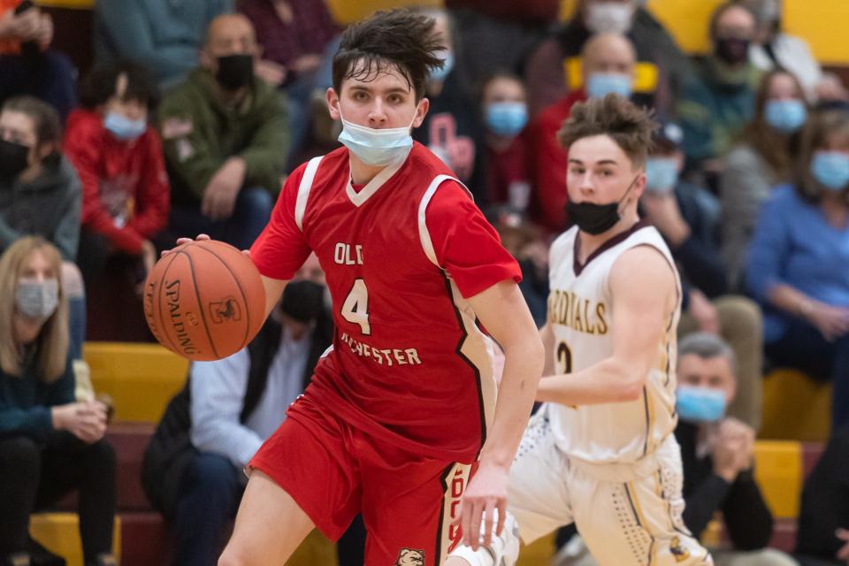 Old Rochester’s Liam Geraghty eyes the basket on a fast break on Monday against Case.