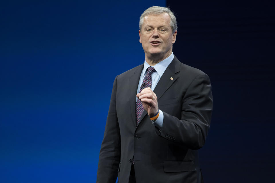 Incoming NCAA president Charlie Baker speaks during the NCAA Convention, Thursday, Jan. 12, 2023, in San Antonio. (AP Photo/Darren Abate)