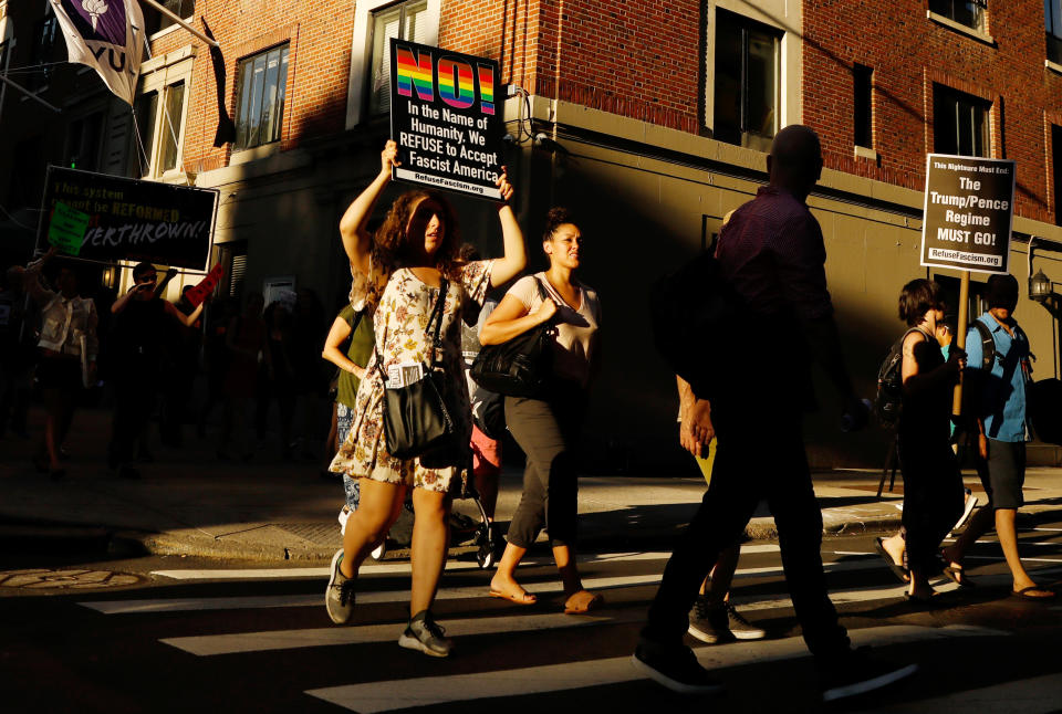 <p>People march as they protest against the Trump administration’s policy of separating immigrant families suspected of illegal entry in New York, N.Y., June 19, 2018. (Photo: Brendan McDermid/Reuters) </p>