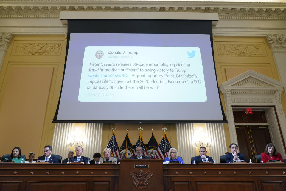 An image of a tweet by former President Donald Trump is displayed during a House select committee hearing on June 9.