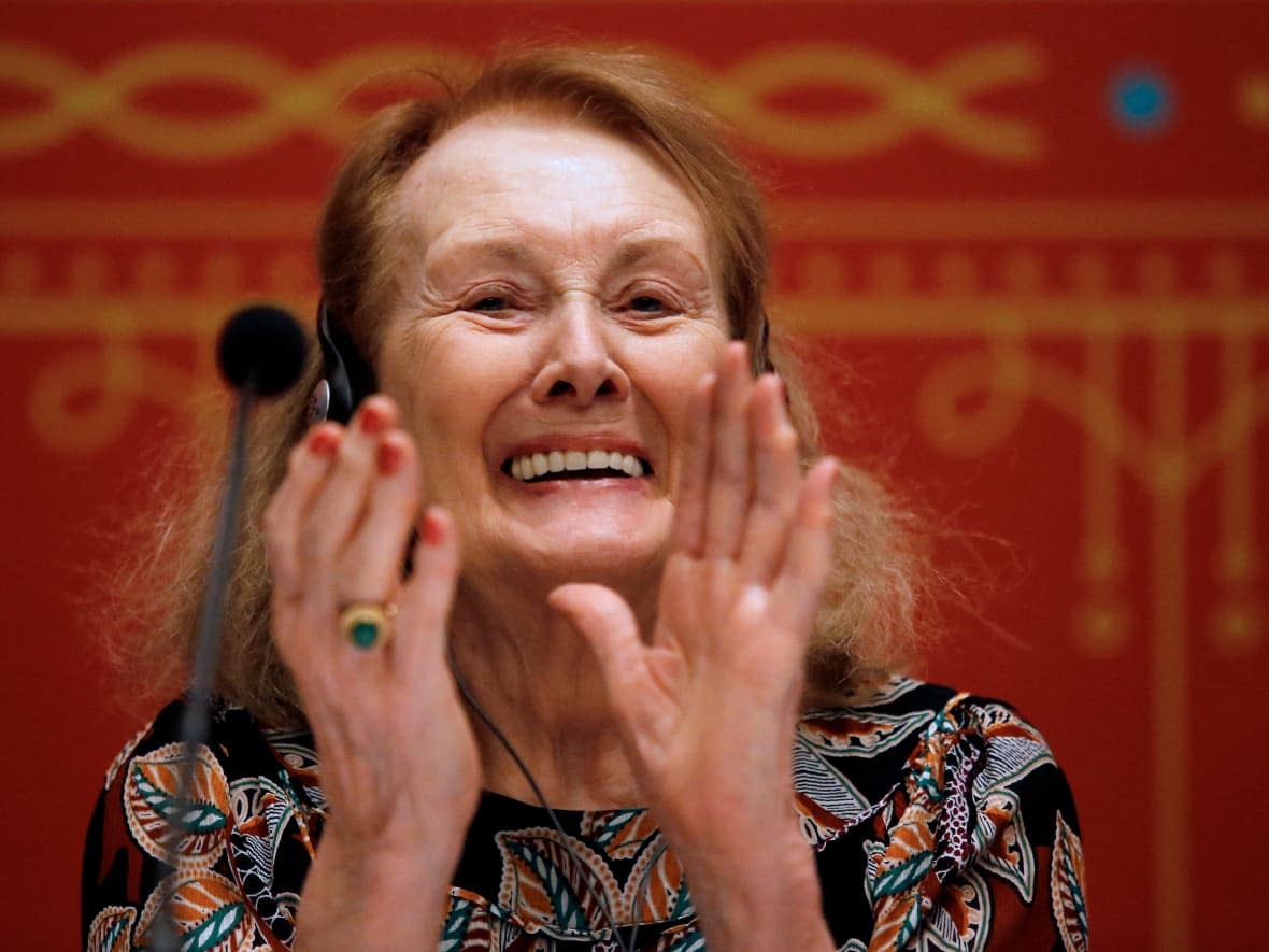 French writer Annie Ernaux is shown speaking at a literary event in Guadalajara, Mexico, on Dec. 4, 2019. (Ulises Ruiz/AFP/Getty Images - image credit)