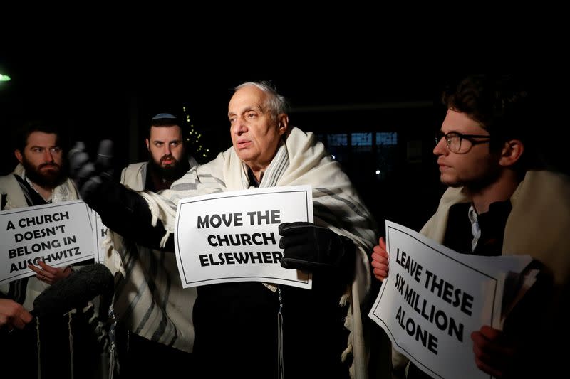 Rabbi Avi Weiss speaks as he attends a protest to move a church situated next to Birkenau, former German Nazi death camp in Brzezinka near Oswiecim