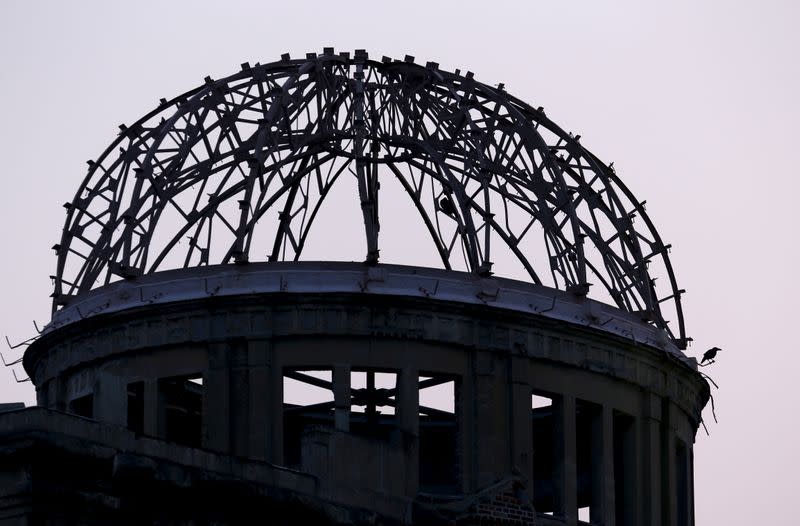 FILE PHOTO: Bird sits on piece of metal skeleton of Atomic Bomb Dome peace memorial in Hiroshima