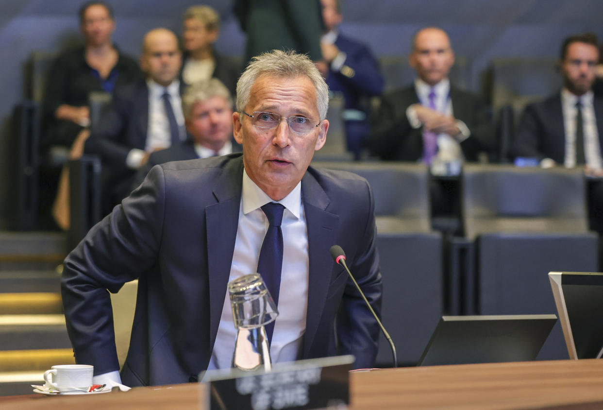 NATO Secretary General Jens Stoltenberg attends a meeting of NATO ambassadors at NATO headquarters in Brussels, Friday, Sept. 9, 2022. (AP Photo/Olivier Matthys, Pool)