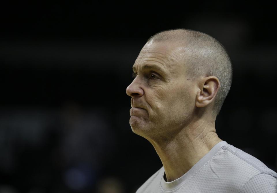 Dallas Mavericks head coach Rick Carlisle looks on during a training session one day before their game against the Phoenix Suns, at Mexico City Arena in Mexico City, Wednesday, Jan. 11, 2017. (AP Photo/Rebecca Blackwell)