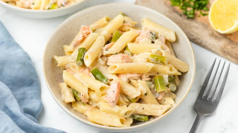 Plate of pasta with salmon