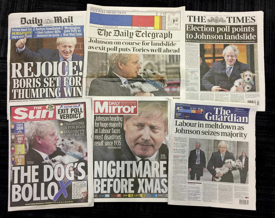 A combo of British national newspapers on Friday, Dec. 13, 2019 that all lead with the general election victory of Prime Minister Boris Johnson. Prime Minister Boris Johnson's Conservative Party has won a solid majority of seats in Britain's Parliament — a decisive outcome to a Brexit-dominated election that should allow Johnson to fulfill his plan to take the U.K. out of the European Union next month. (AP Photo/Tony Hicks)