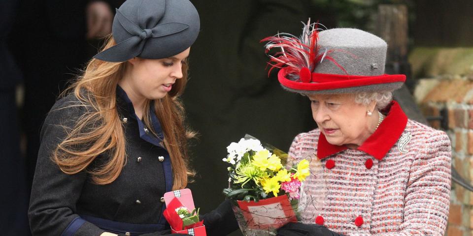 <p>The Queen and Princess Beatrice leave St. Mary's Church together after Christmas Day services. </p>