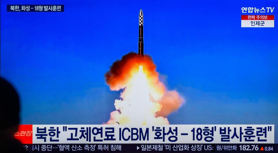 SEOUL, SOUTH KOREA - 2023/12/19: A TV at Yongsan Railway Station shows North Korea's fired Hwasong-18 solid-fuel intercontinental ballistic missile (ICBM).