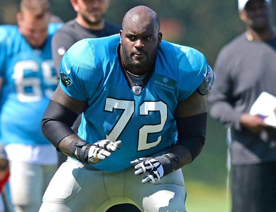 Carolina Panthers tackle Taylor Moton works to block during practice at Wofford College in Spartanburg, SC in 2019.