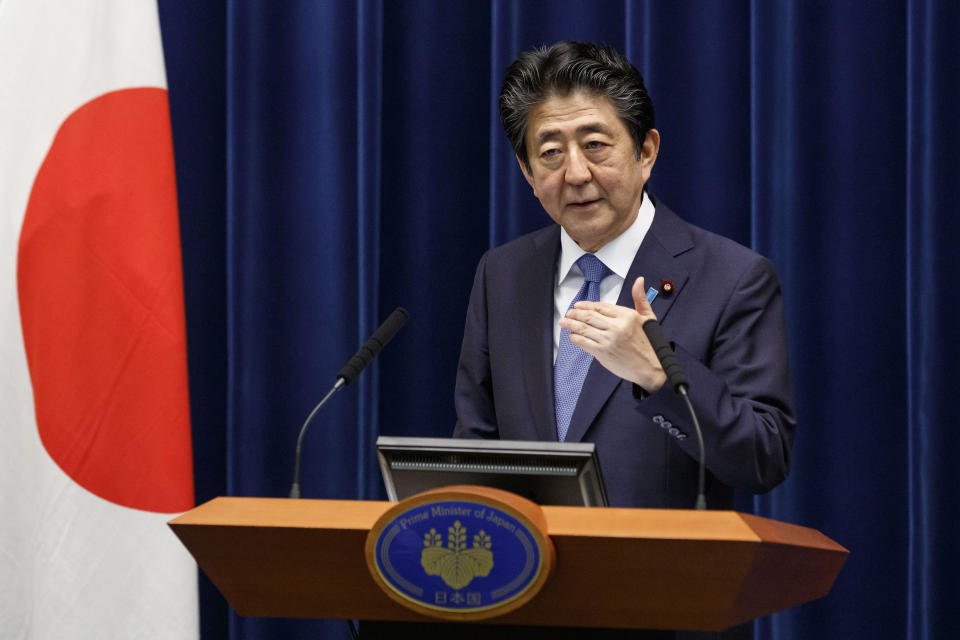 Japan's Prime Minister Shinzo Abe speaks during a press conference at the prime minister's official residence, Thursday, June 18, 2020, in Tokyo. Abe said Thursday that he regretted the arrest of his former justice minister and the minister's lawmaker wife over allegations they engaged in vote buying during last year's election, and that he takes the public criticism seriously. (Rodrigo Reyes Marin/Pool Photo via AP)