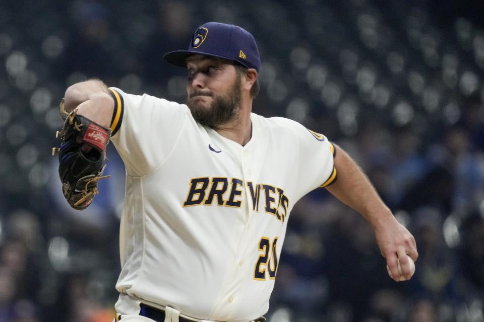 Milwaukee Brewers starting pitcher Wade Miley throws during the first inning of a baseball game against the New York Mets Tuesday, April 4, 2023, in Milwaukee. (AP Photo/Morry Gash)