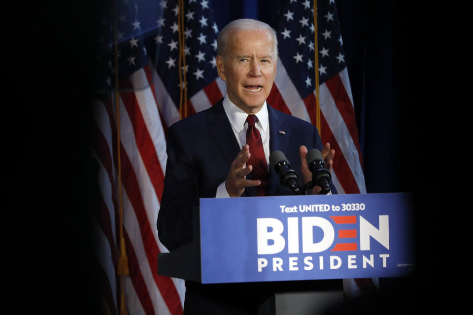 Democratic presidential candidate former Vice President Joe Biden makes a foreign policy statement, in New York, Tuesday, Jan. 7, 2020. (AP Photo/Richard Drew)