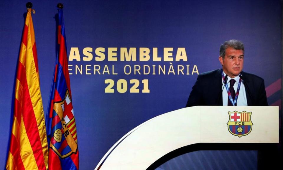 Barcelona’s president, Joan Laporta, delivering a speech last Saturday.