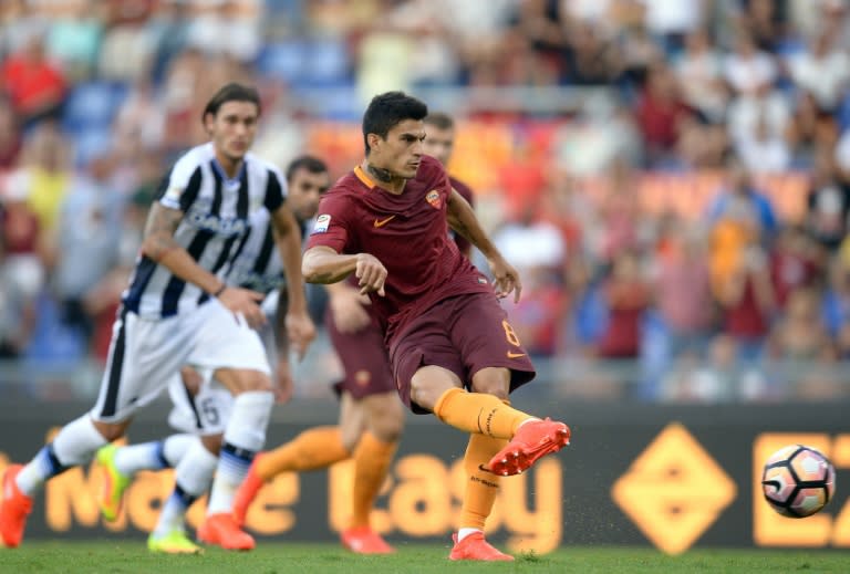 Roma's midfielder Diego Perotti shoots a penalty against Udinese at the Olympic Stadium in Rome on August 20, 2016