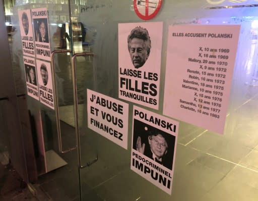 Signs plastered over Belgium cinemas read "Polanski rapist! Guilty cinema! Complicit audience!"