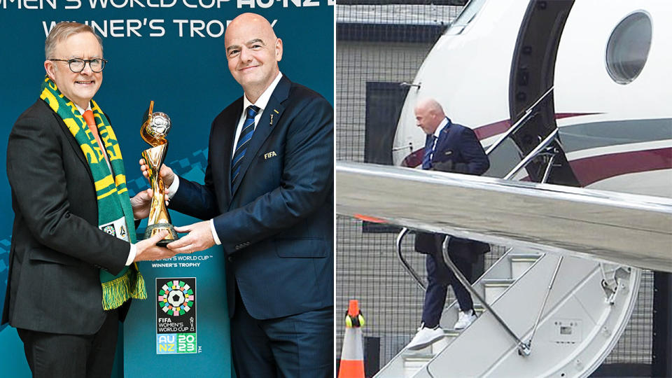 Gianni Infantino's packed schedule on his private jet included a meet-and-greet with Australian Prime Minister Anthony Albanese in Canberra. Pic: AAP/Twitter