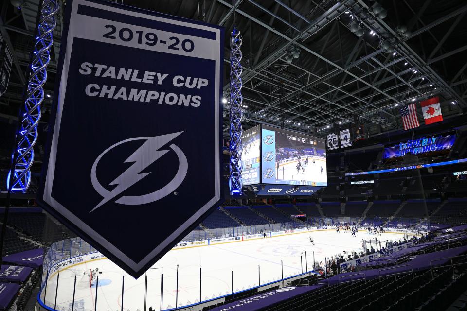 Tampa Bay Lightning raise the banner celebrating winning the 2019-20 Stanley Cup title.