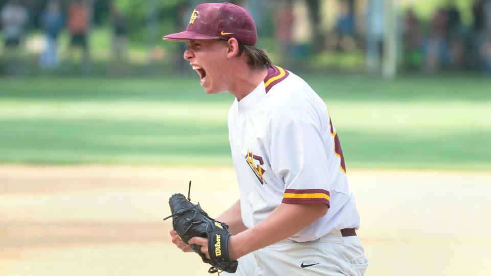 Haddon Heights' closing pitcher Timmy Shell celebrates after Haddon Heights defeated Rumson-Fair Haven, 4-2, in the Group 2 baseball state semifinal game played in Haddon Heights on Monday, June 13, 2022.  