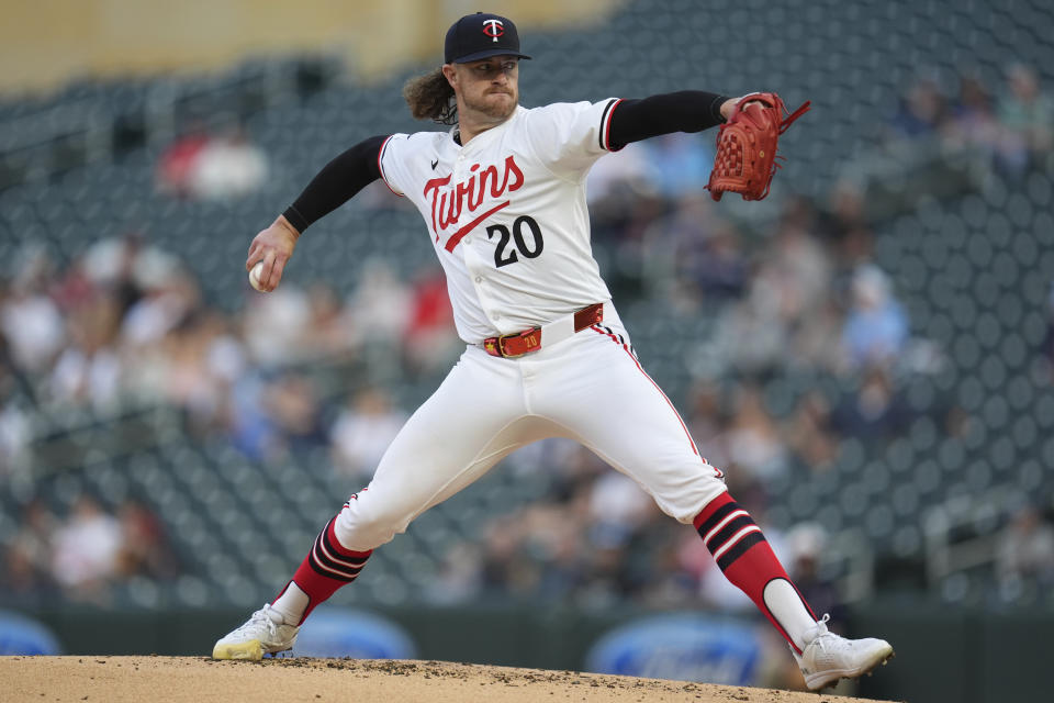 Minnesota Twins starting pitcher Chris Paddack delivers during the second inning of the team's baseball game against the Seattle Mariners, Wednesday, May 8, 2024, in Minneapolis. (AP Photo/Abbie Parr)