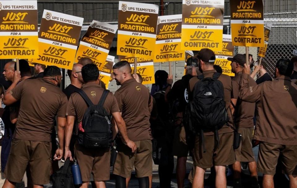 UPS workers "practicing" for protest