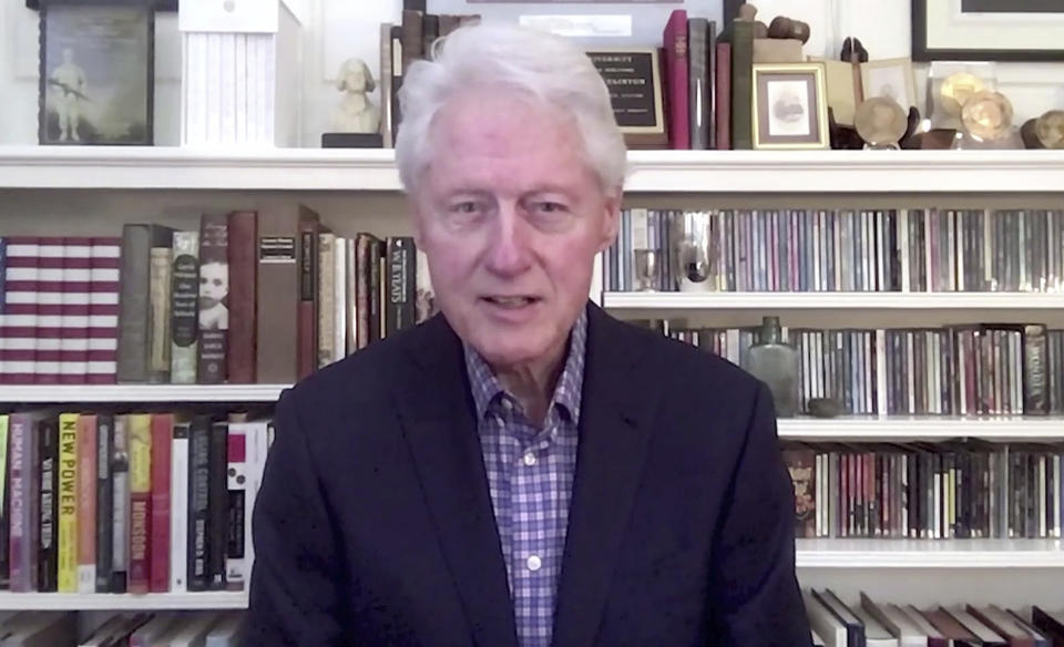 In a photo provided by The Call to Unite, former president Bill Clinton speaks during the 24-hour live event, which was transmitted Friday, May 1, 2020. (The Call to Unite via AP)