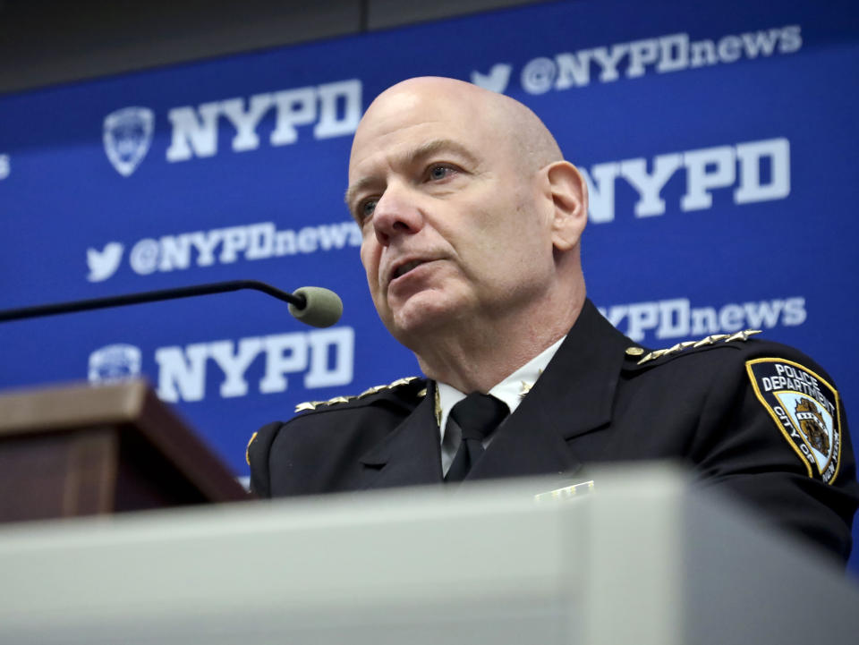 FILE- In this Feb. 13, 2019 file photo, Terence Monahan, the New York Police Department's Chief of Department, addresses the media during a news conference in New York. Monahan, who made headlines last year for kneeling with protesters while also being criticized for officers' forceful response, said Thursday, Feb. 25, 2021, that he is retiring after nearly four decades with the department. (AP Photo/Bebeto Matthews, File)