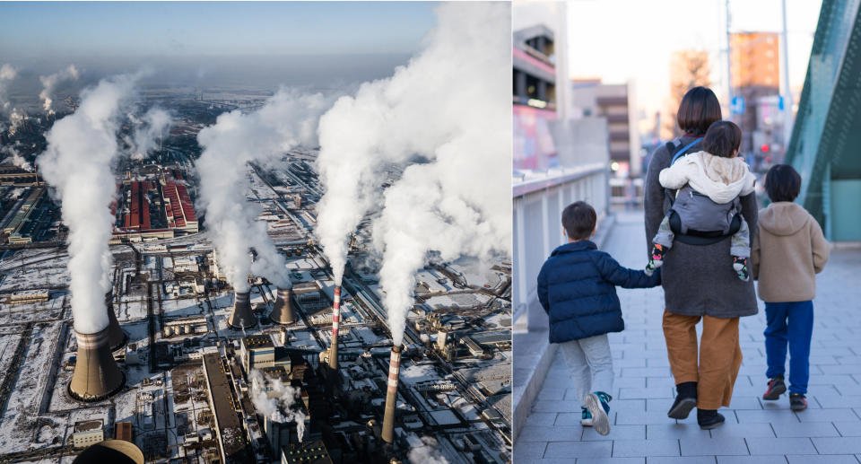 Coal Fired Power Station and mother walking with children