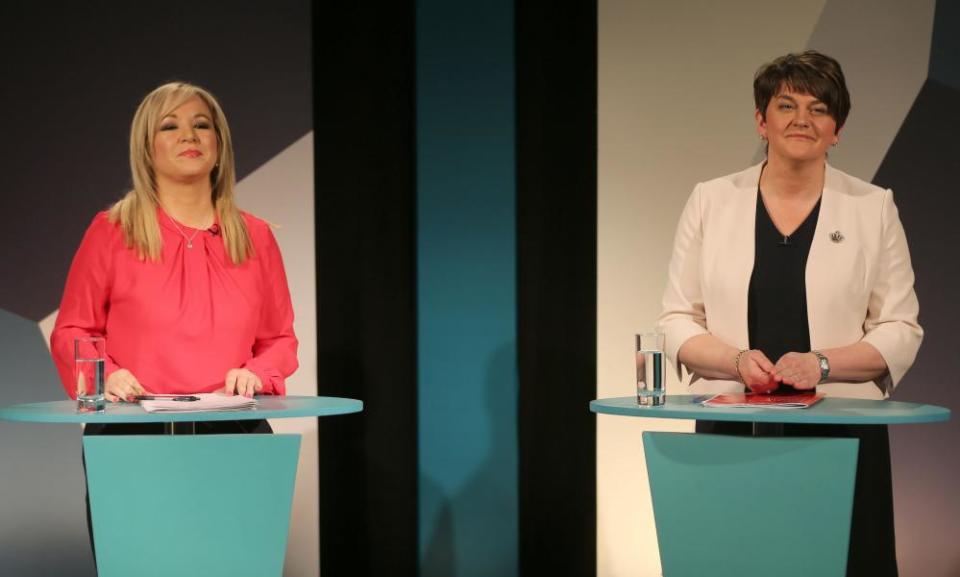 Sinn Féin’s Michelle O’Neill and DUP leader Arlene Foster (right) at an assembly debate on 16 February