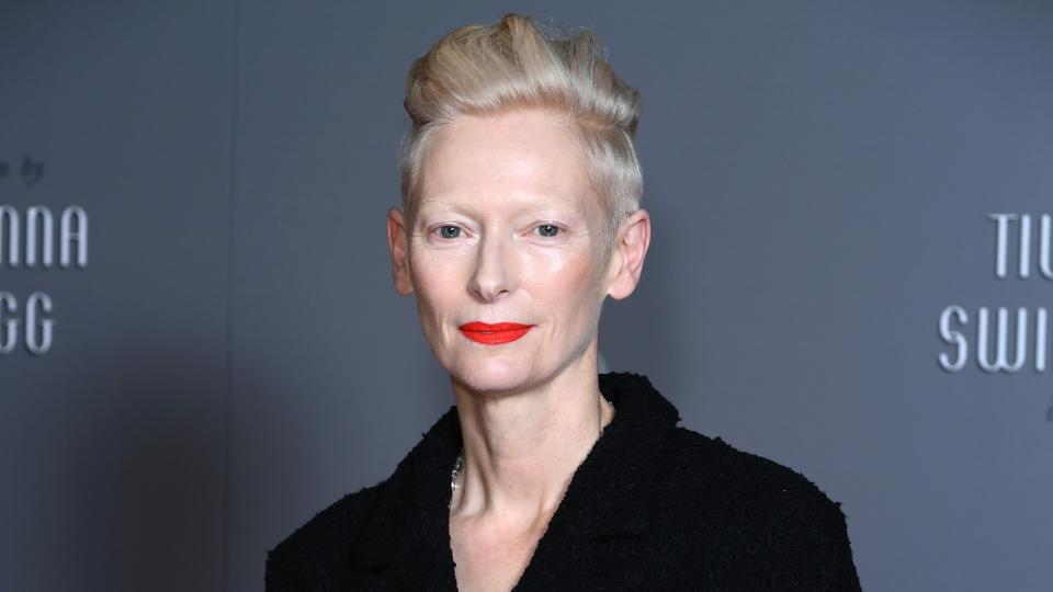 Tilda Swinton with platinum blonde hair