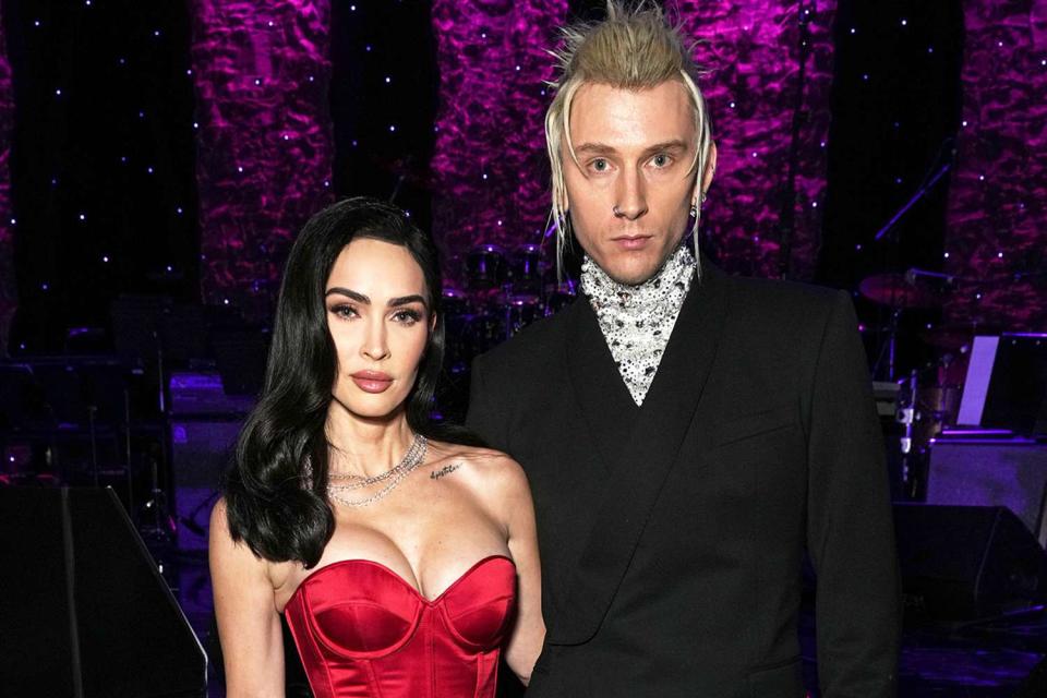 <p>Kevin Mazur/Getty</p> Megan Fox and Machine Gun Kelly on Feb. 4, 2023