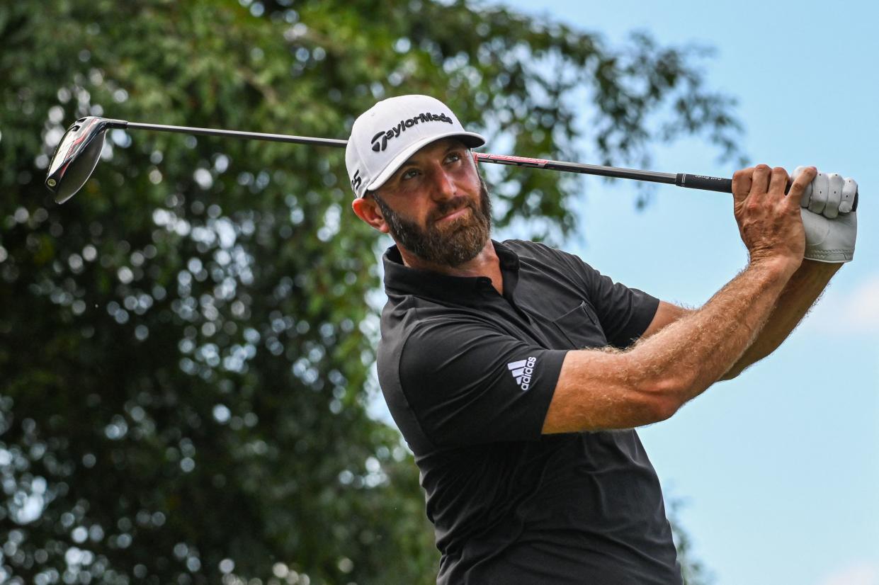 Team Captain Dustin Johnson, of 4 Aces GC, plays his shot during the 2022 LIV Golf Invitational - Miami Team Championship Stroke Play round at Trump National Doral Miami golf club in Miami, Florida, on October 30, 2022. (Photo by Giorgio VIERA / AFP) (Photo by GIORGIO VIERA/AFP via Getty Images)