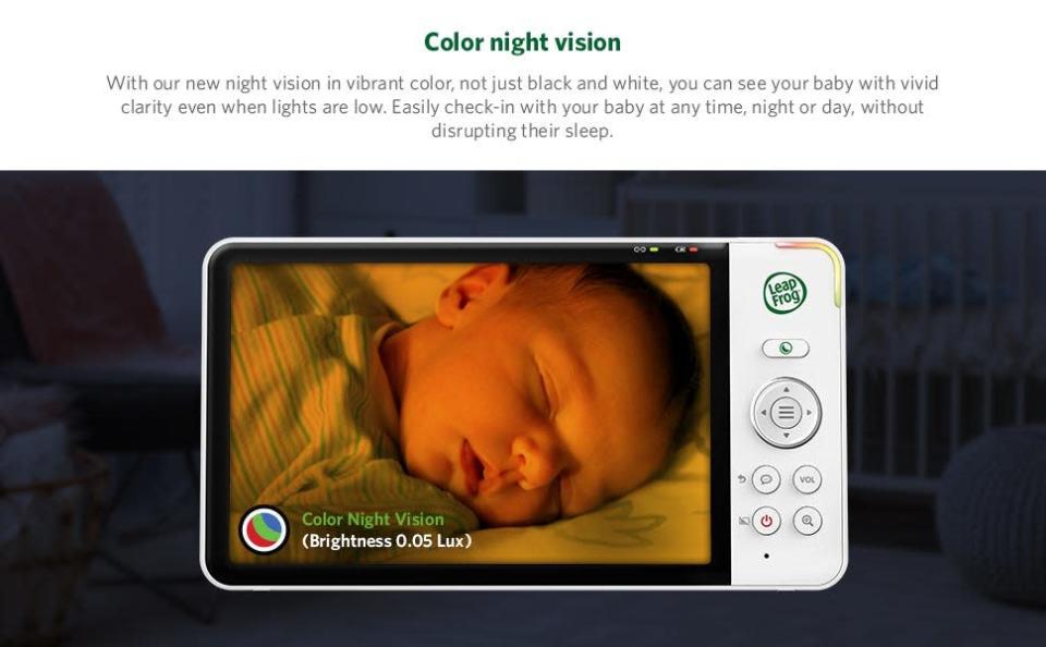 Le moniteur pour bébé LF925HD de Leapfrog est doté d'une vision nocturne couleur, d'une détection de mouvement et de son, de capteurs de température et d'humidité et, mieux encore, d'une intégration avec WeeSleep, les experts en entraînement au sommeil.