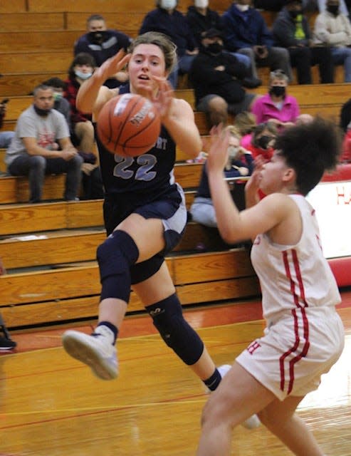 Frankfort's Halley Smith goes for the ball against Fort Hill on Wednesday. Smith totaled 16 points, seven of them in overtime, to help lead the Lady Falcons to a 63-60 victory over Fort Hill.