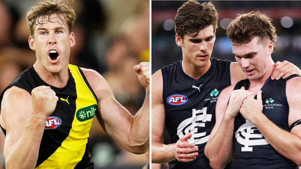 Richmond&#39;s Tom Lynch celebrates on the left, with Carlton&#39;s Blake Acres and Lewis Young on the right.