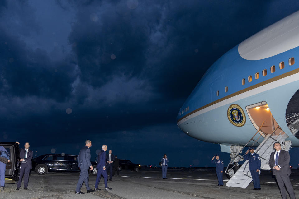 President Joe Biden walks to board Air Force One as he departs from Boston-Logan International Airport, Tuesday, May 21, 2024, in East Boston, Mass., to return to Washington. (AP Photo/Alex Brandon)