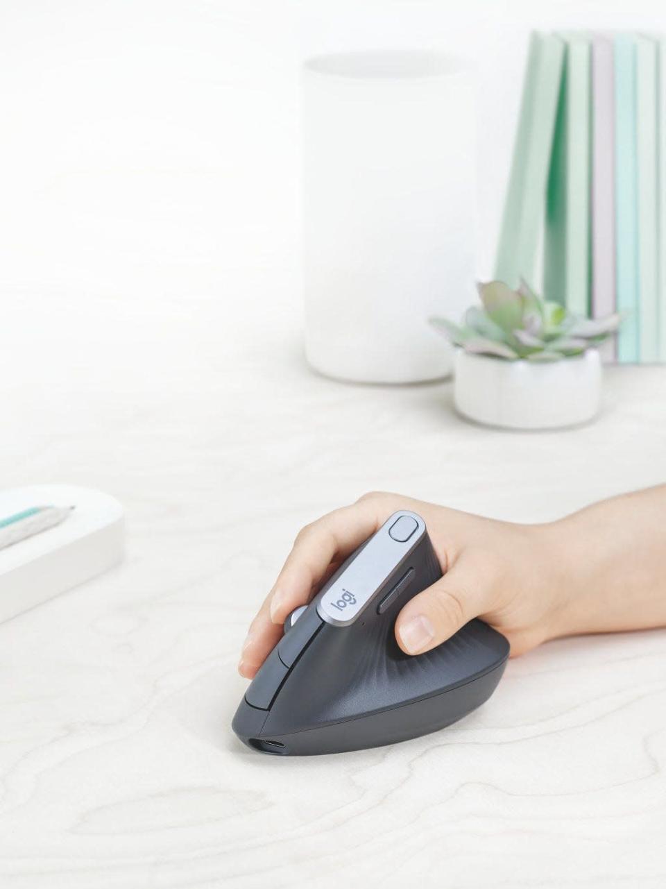 Logitech&#x002019;s MX Vertical Advanced Ergonomic Mouse ($99) features a 57-degree vertical angle that allows for a &#x002018;handshake&#x002019; grip for greater comfort.