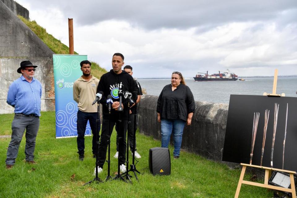 (L-R) National Museum of Australia senior curator Dr Ian Coates, Gujaga Foundation chairperson, Ray Ingrey and La Perouse Local Aboriginal Land Council chairperson Noeleen Timbery speak about the repatriation of the spears on Bare Island.