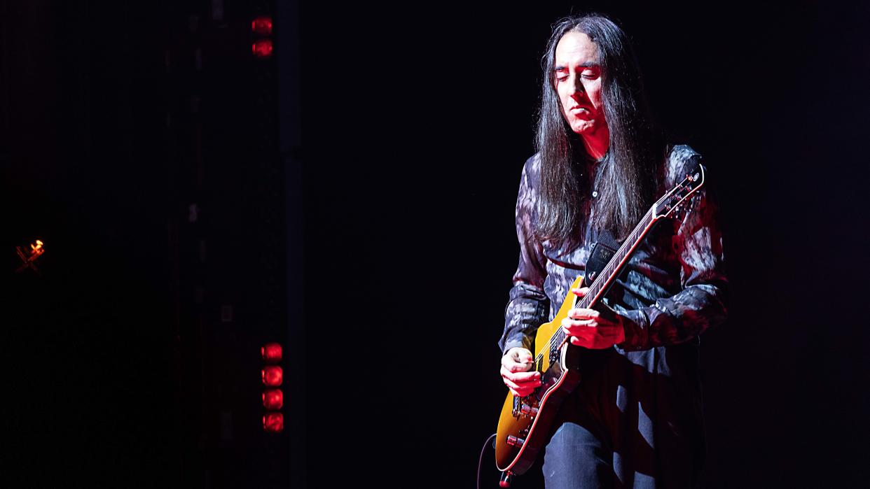  Guitarist Jeff Schroeder of Smashing Pumpkins performs at PNC Music Pavilion on August 22, 2023 in Charlotte, North Carolina. 