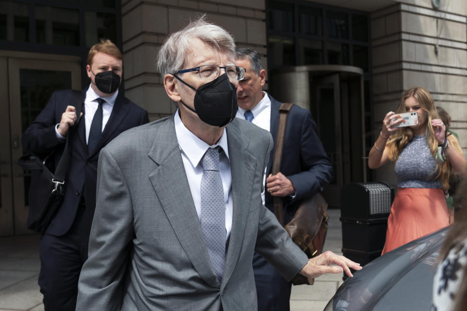 Author Stephen King leaves federal court after testifying for the Department of Justice as it bids to block the proposed merger of two of the world's biggest publishers, Penguin Random House and Simon & Schuster, Tuesday, Aug. 2, 2022, in Washington. (AP Photo/Manuel Balce Ceneta)