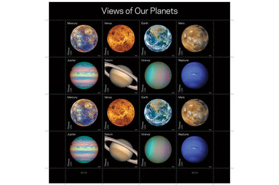 USPS "Views of Our Planets" stamps depict Mercury, Venus, Earth, Mars, Jupiter, Saturn, Uranus and Neptune.