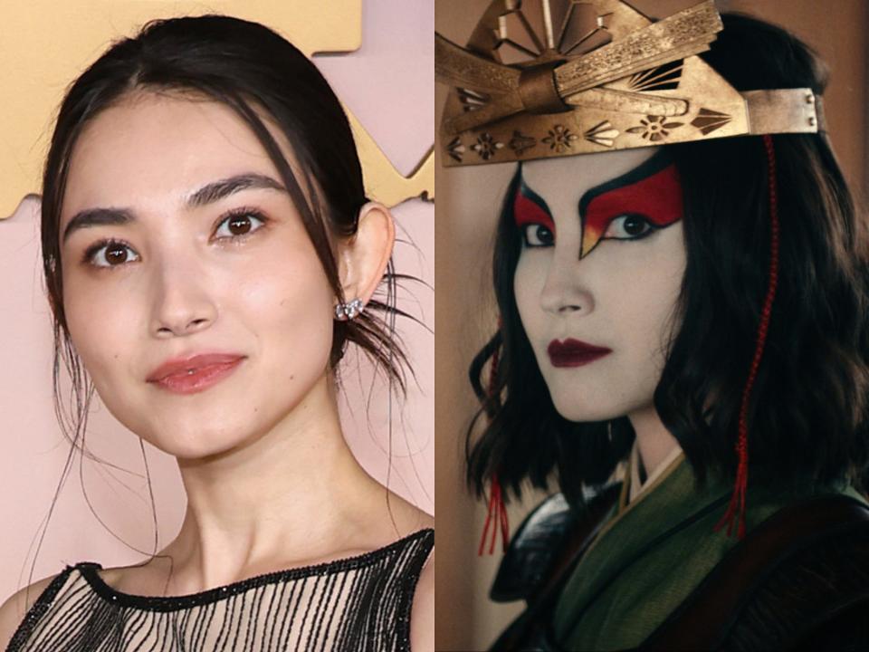 left: maria zhang on a red carpet, wearing a black beded dress and with her hair worn in a low bun; right: zhang as suki in avatar, wearing white facepaint and red and yellow accents over her eyes. she has a gold headpiece on and green training robes