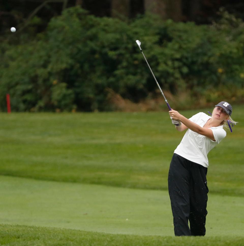 Central Catholic golfer Sophia Royer hits the ball Monday, Sept. 23, 2024, during the IHSAA girls golf sectional at Coyote Crossing Golf Club in West Lafayette, Ind.