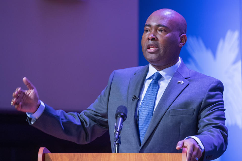 Democratic challenger Jaime Harrison speaks during the South Carolina U.S. Senate debate with Sen. Lindsey Graham, R-S.C., at Allen University in Columbia, S.C., Saturday, Oct. 3, 2020. (Joshua Boucher/The State via AP)